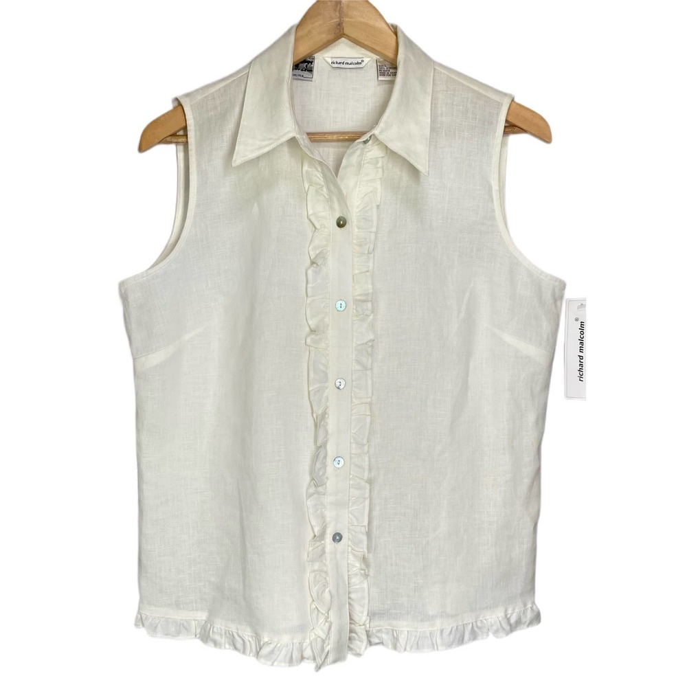 Irish Linen Ruffled Feminine Cottagecore Sleeveless Top Size Large